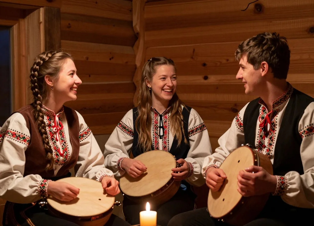 Folk ensemble of three young musicians playing domras in a wooden cabin by candlelight