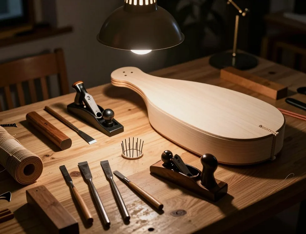 Workbench with chisels, hand planes, tuning pins, rolls of strings and an unfinished gusli body